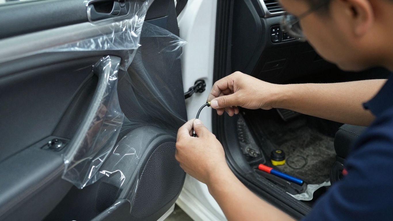 Technician inspecting electric door handle wiring