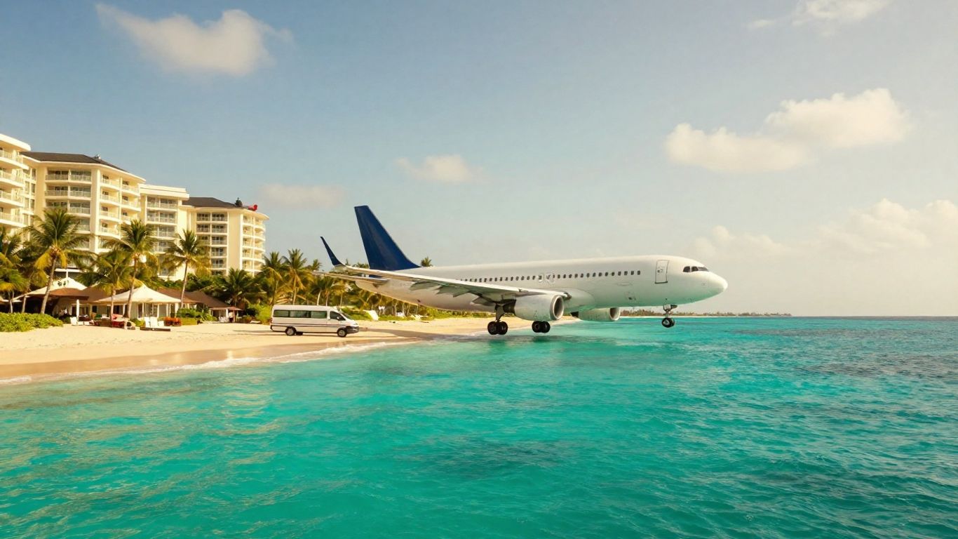 Airplane approaching a tropical resort coastline