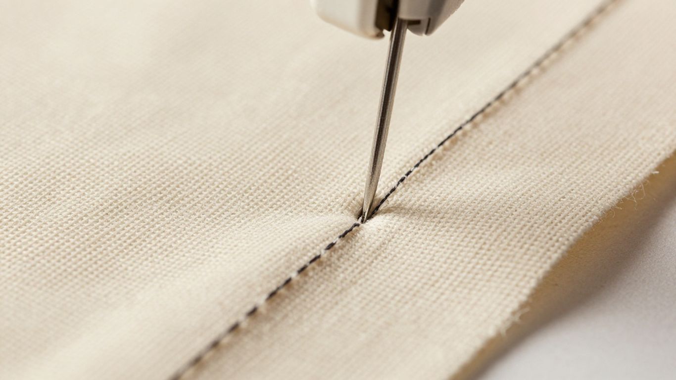 Sewing machine stitching thick canvas fabric.