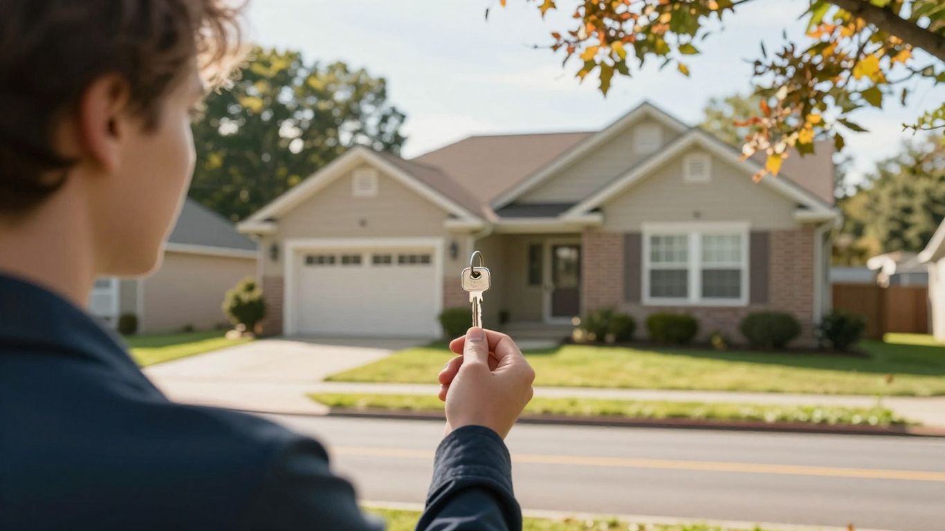 Person holding house key in front of a home.