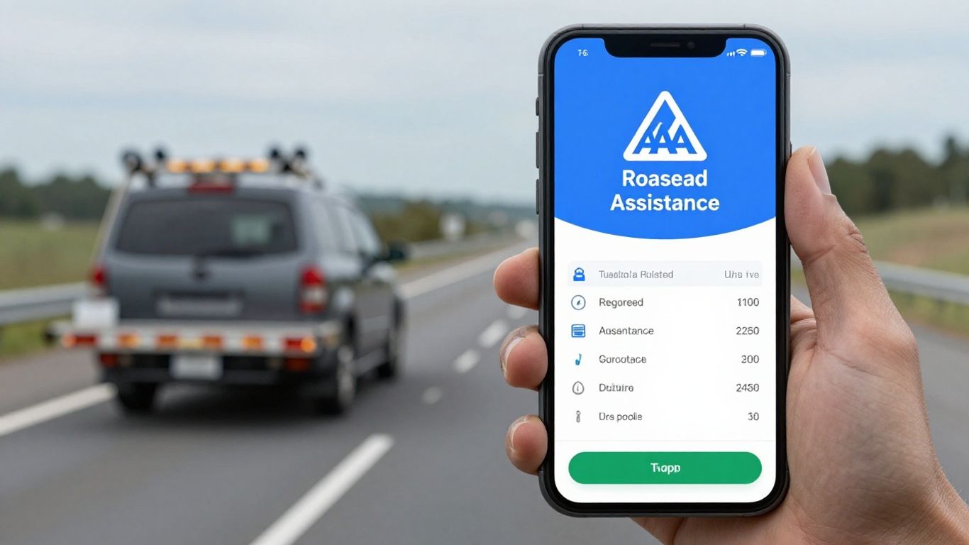 AAA roadside assistance app on a phone with car and tow truck.