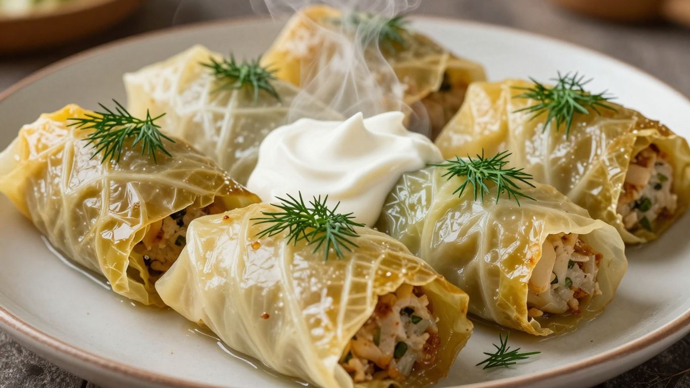 Delicious stuffed cabbage rolls with sour cream and dill.