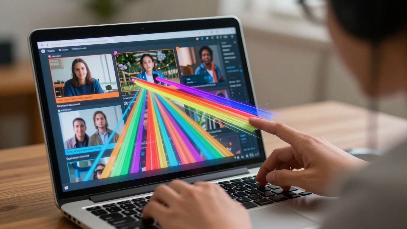 Live streaming setup with colorful digital streams.