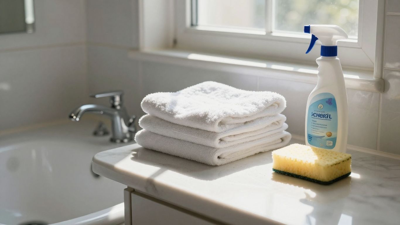 Clean bathroom with sunlight and open windows.