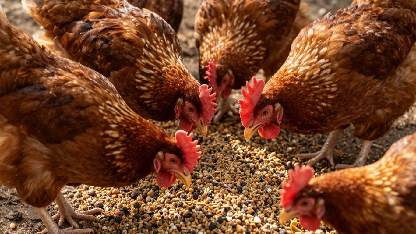 Stado kurcząt jedzących paszę bogatą w minerały.