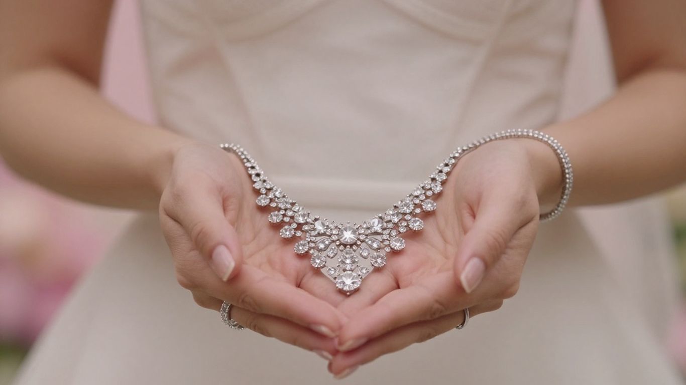 Bride's hands with jewelry, holding a diamond necklace.
