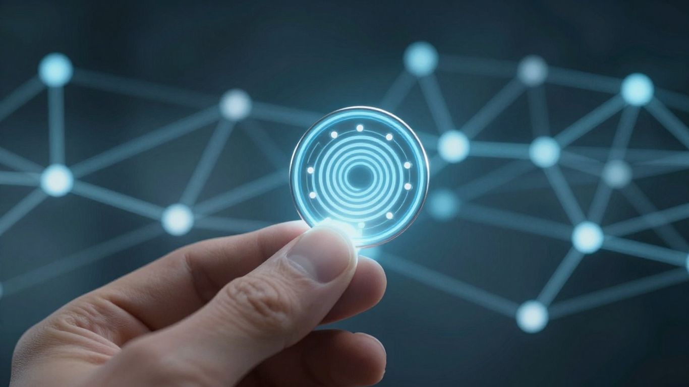 Digital token held in hand, abstract network background.