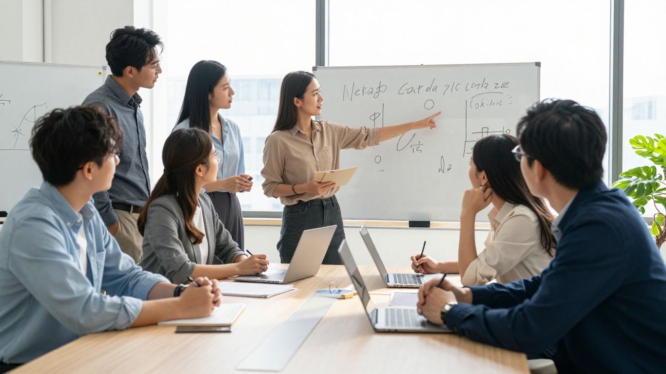 Business professionals collaborating in a modern office.