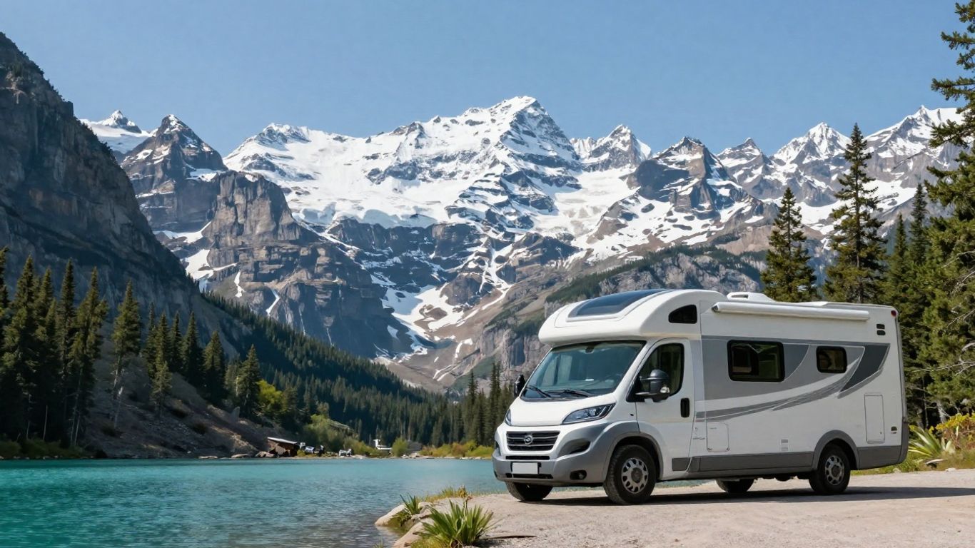 Motorhome parked by a lake in the Canadian Rockies.