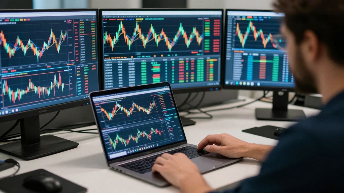 Day trading desk with monitors showing market activity.