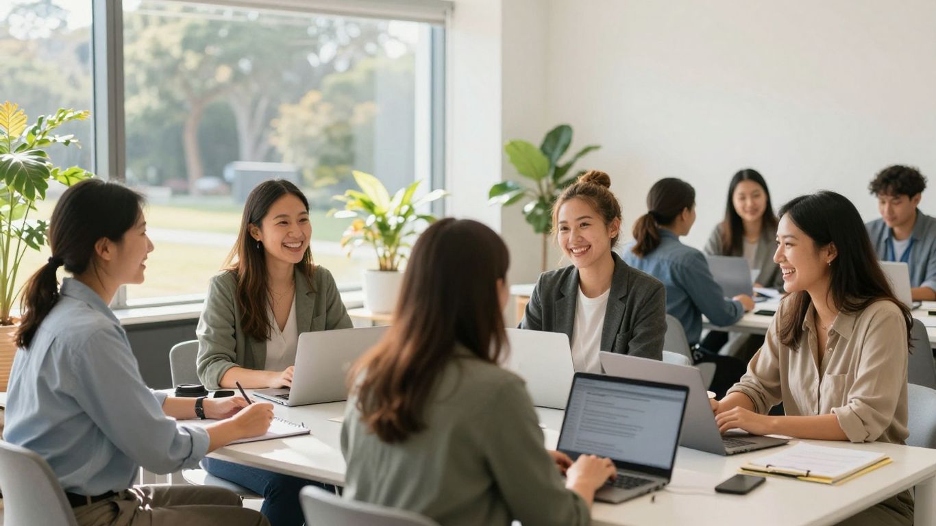DHHS Victoria staff collaborating in a bright, modern office.