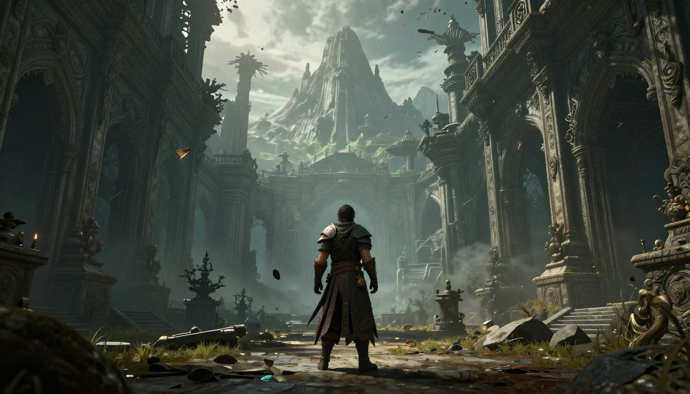 Guerreiro explorando um vasto mundo de fantasia com ruínas antigas, montanhas ao fundo e uma atmosfera épica de RPG de ação