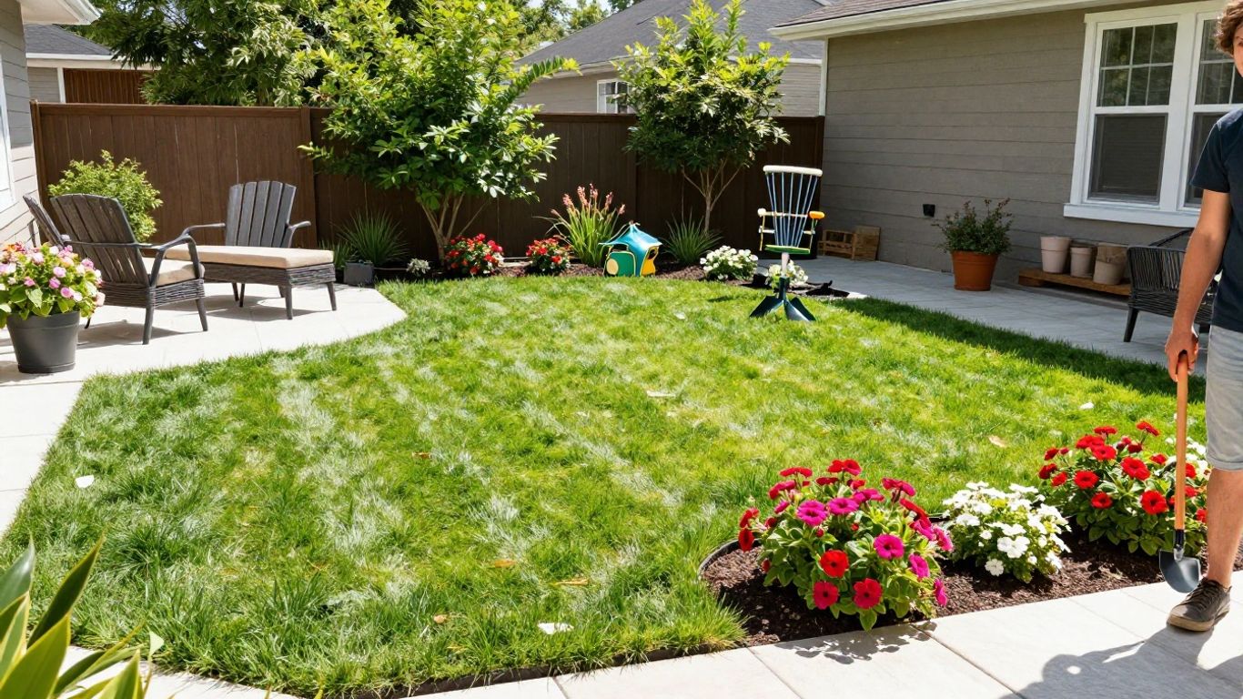 Smiling person in a beautiful newly renovated backyard