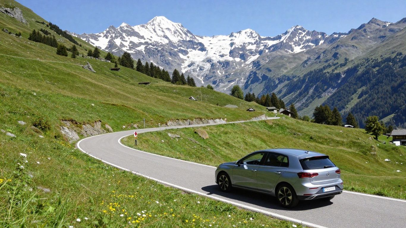 Kompakter Kleinwagen auf Schweizer Bergstrasse
