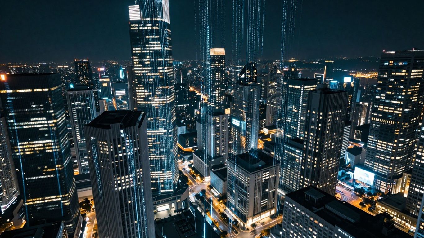 Cityscape with digital data streams
