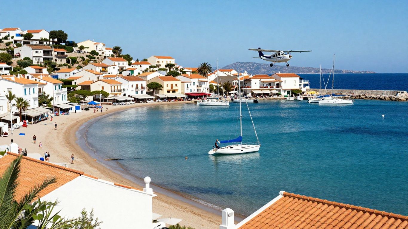 Airplane flying over Cap d'Agde harbor and beach.