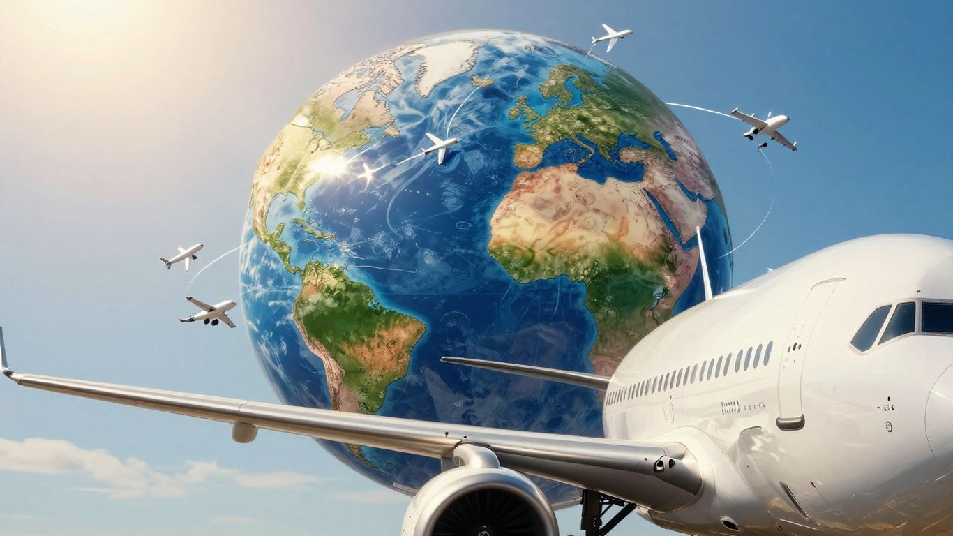 Globe with airplanes and airplane wing
