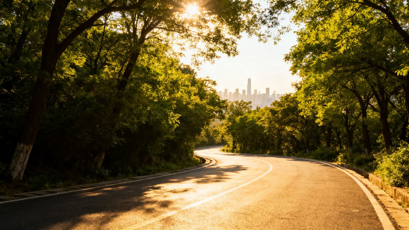 Road leading to a city skyline