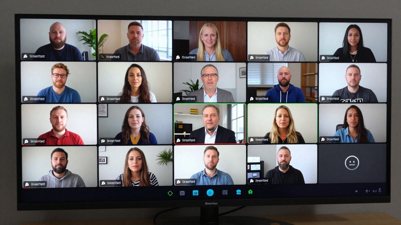 StreamYard studio interface with multiple camera feeds and presenter.