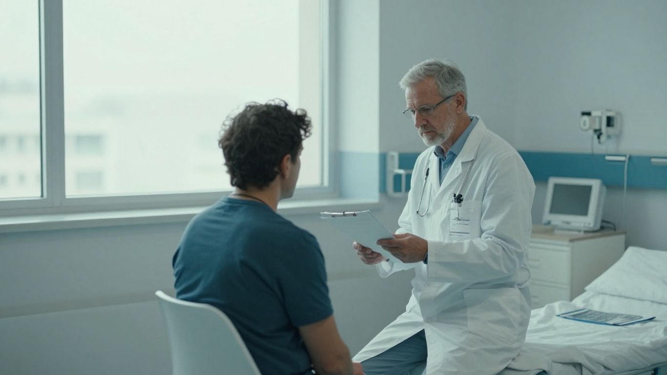 German hospital corridor with doctor and patient