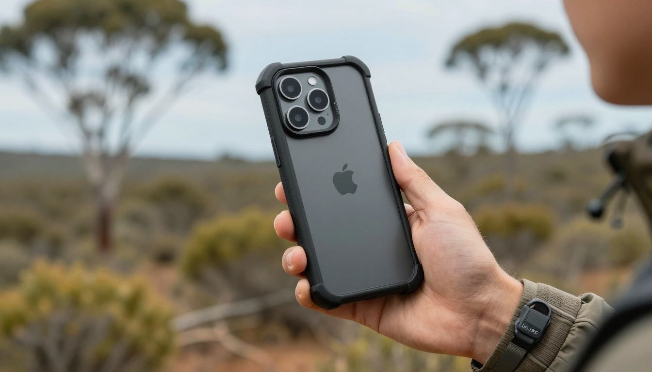 A person in hiking gear checking their iPhone 17 Pro Max, which is in a rugged heavy-duty case, against a scenic Australian bush backdrop.