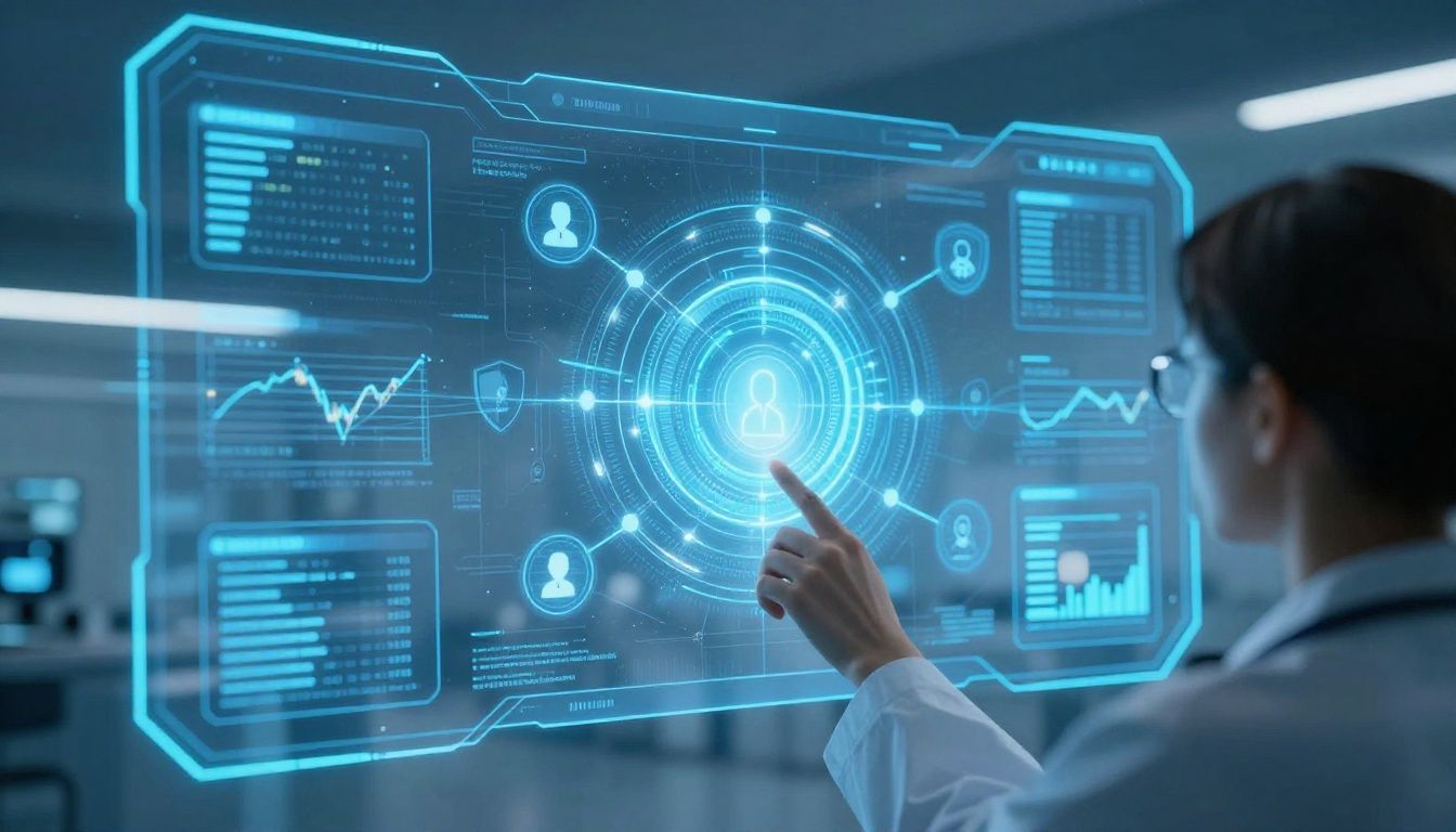 Healthcare data analyst viewing a glowing blue holographic interface with connected nodes, security shields, user icons, and encrypted financial charts in a futuristic medical billing command center, viewed over the shoulder with no visible face, cinematic neon blue and cyan lighting, photorealistic 16:9