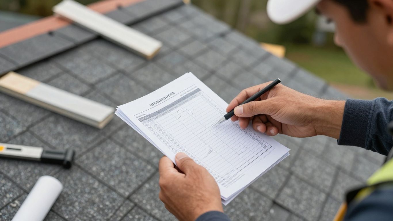 Contractor holding a roofing estimate near a roof.