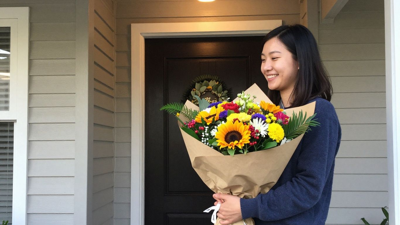 Flower delivery being received at a welcoming front door
