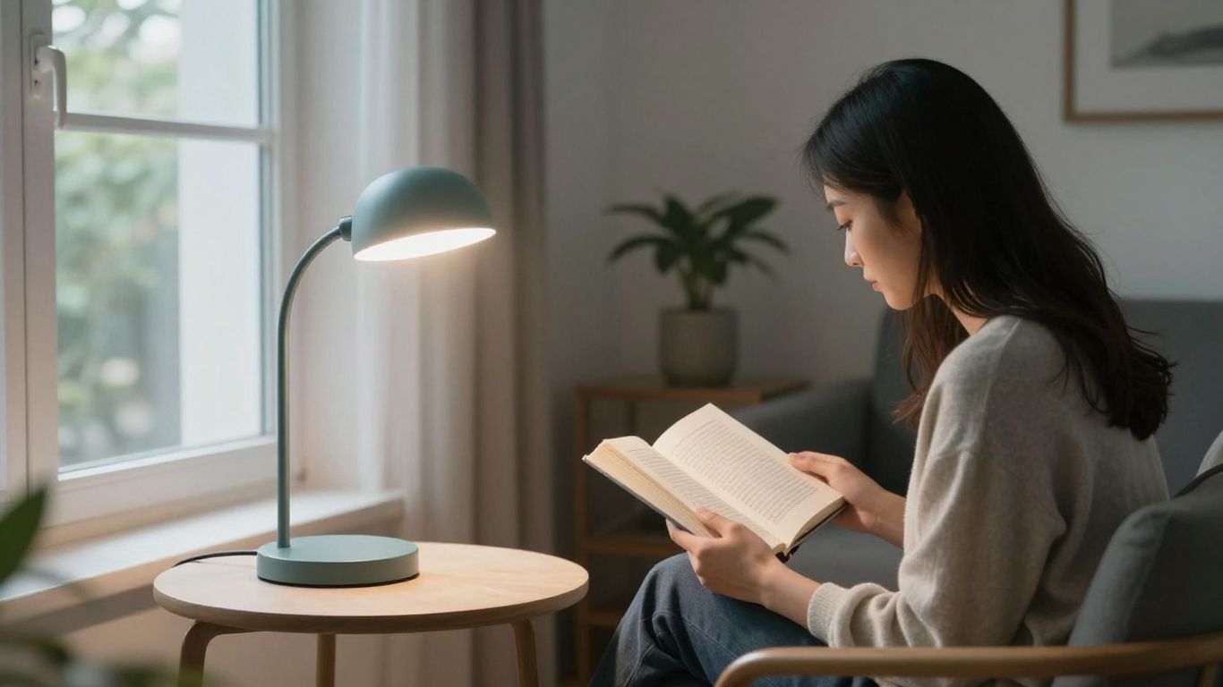 Tageslichtlampe im Einsatz in einem hellen Wohnzimmer.
