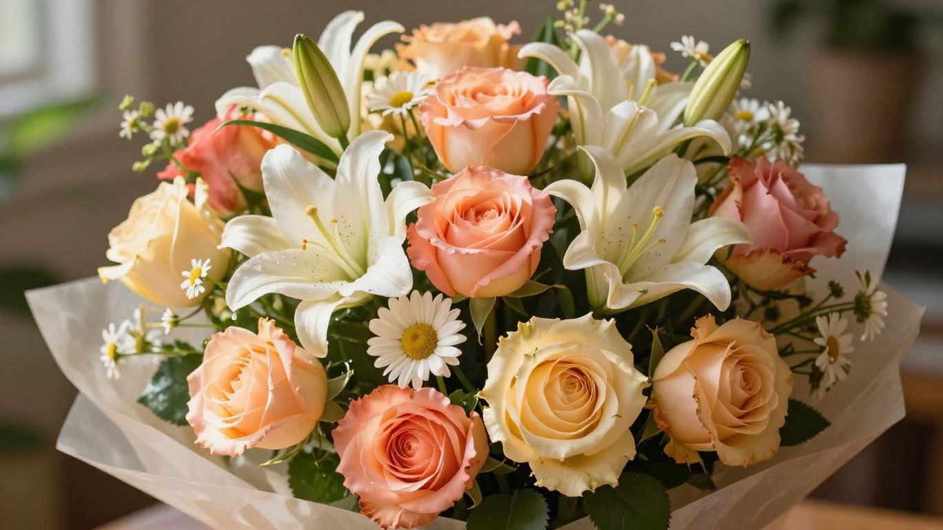 Colorful birthday flower bouquet with roses and lilies.