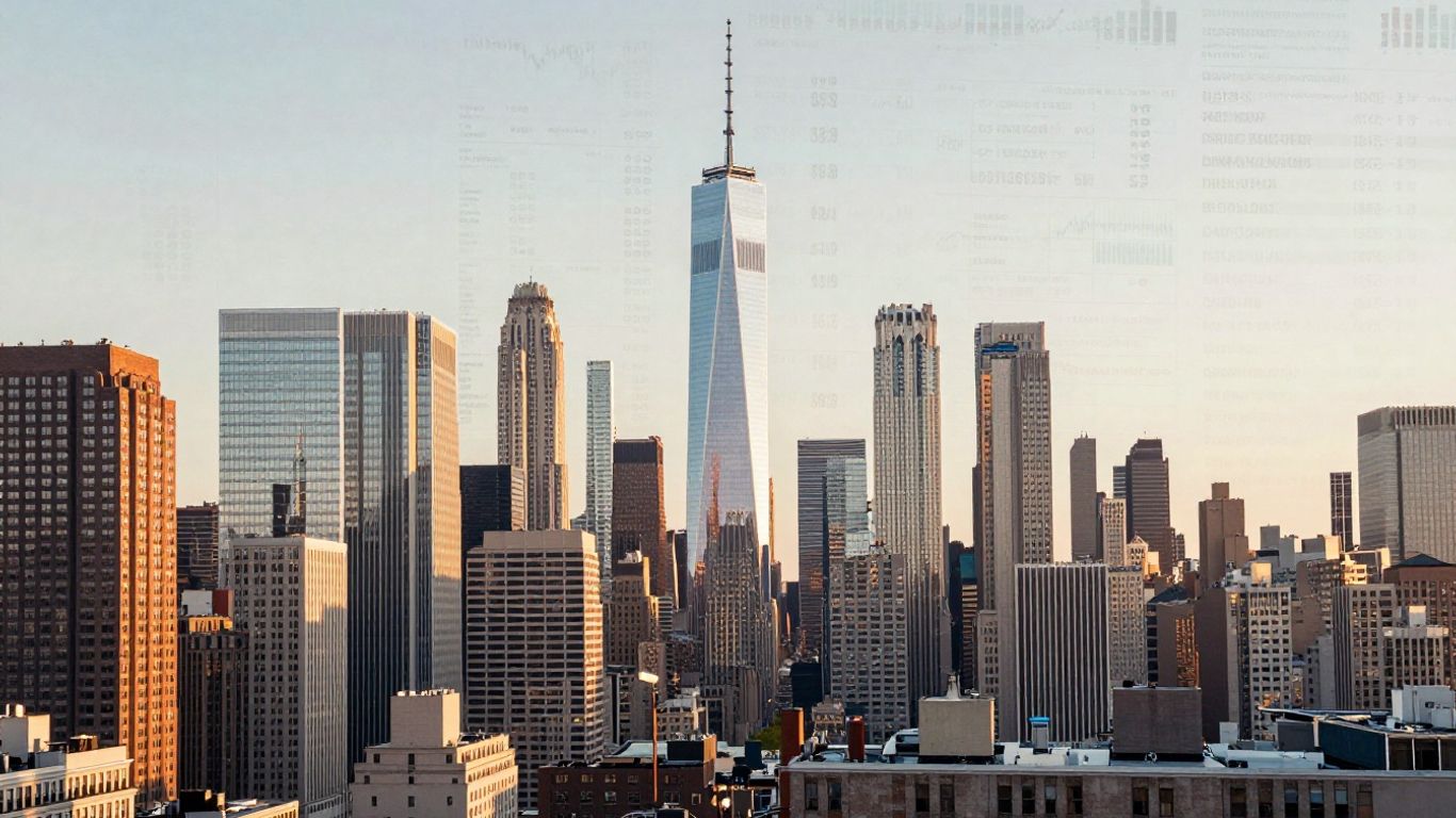 New York City skyline with financial elements.