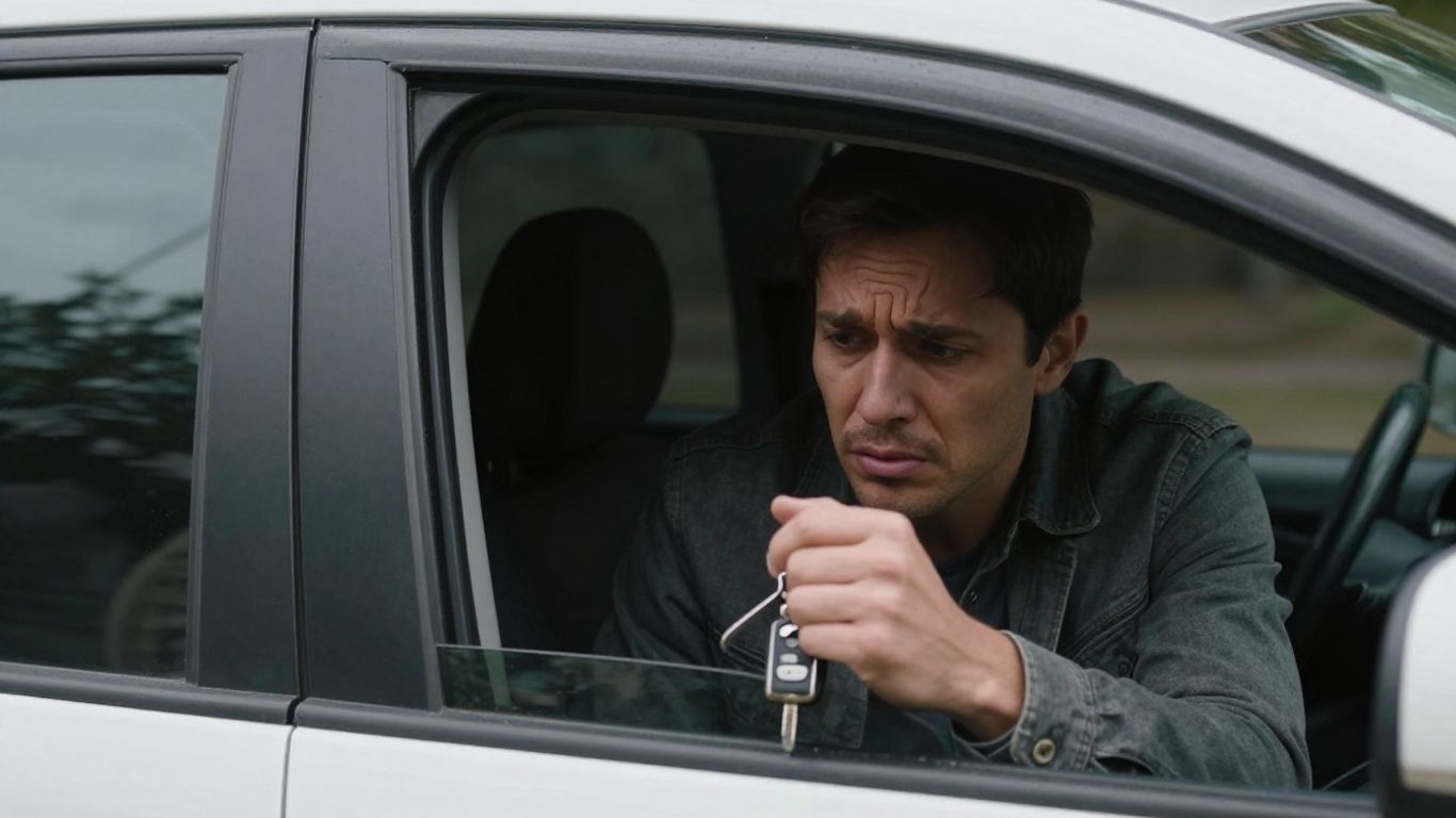 Keys locked inside car, person looking distressed