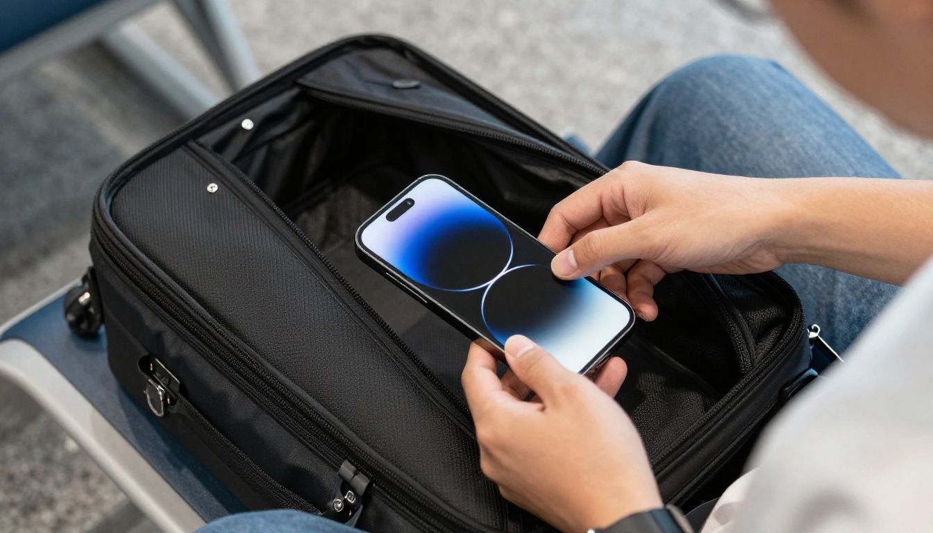 A person sitting at an airport gate, placing their iPhone 17 Air with a slim travel case into their carry-on bag.