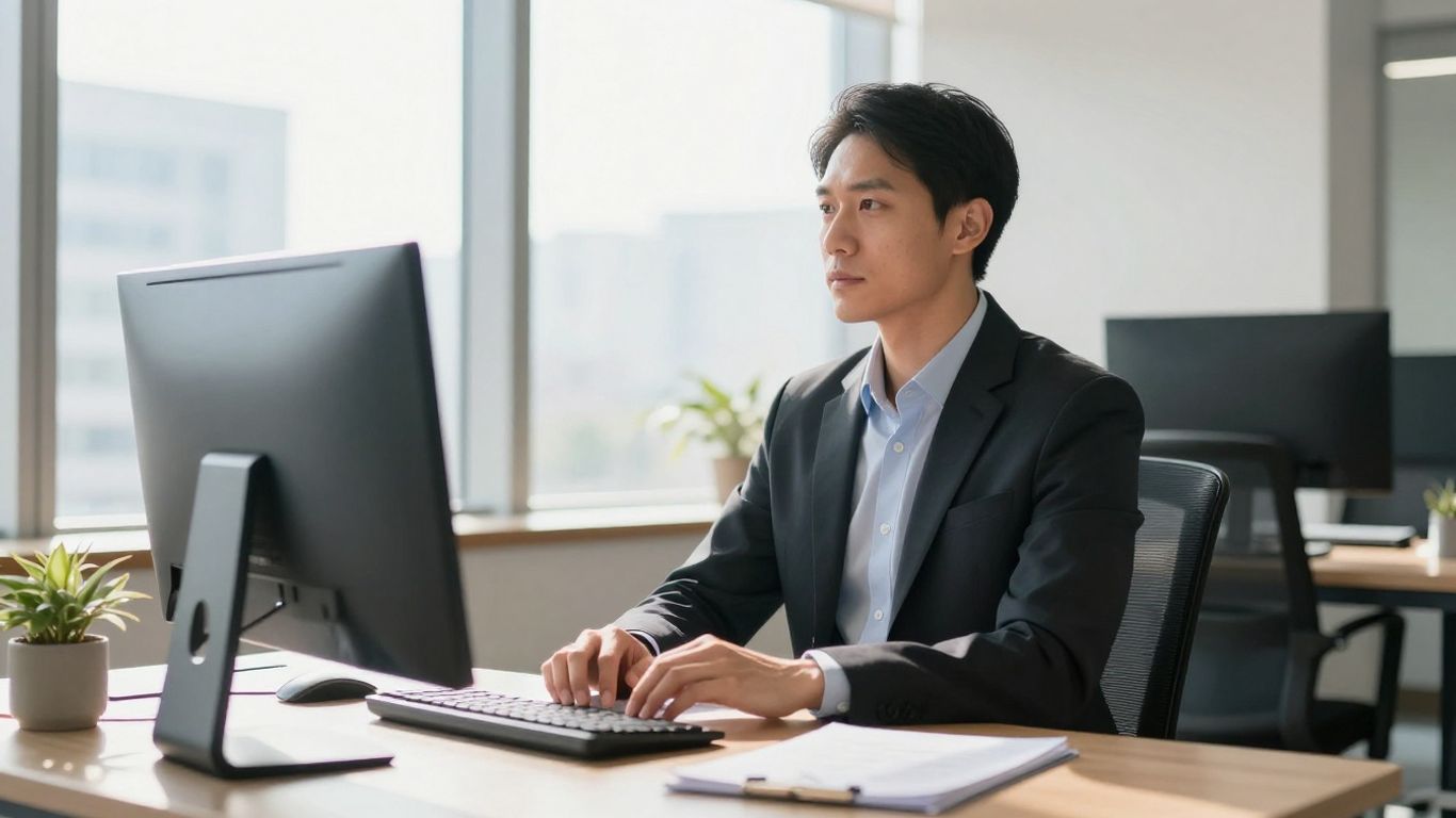 Executive looking out window towards bright future