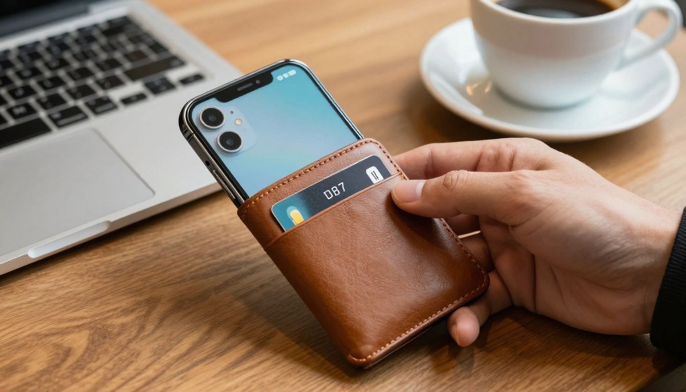 Someone paying for coffee at a Melbourne cafe using their iPhone 15 Plus in a sleek leather wallet case, with their bank card visible in a slot.