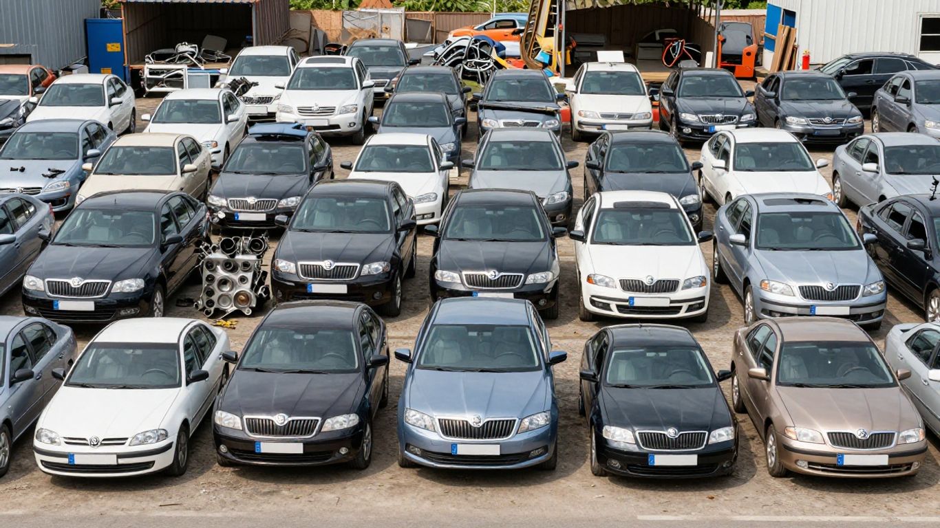Skoda car parts in a wrecking yard