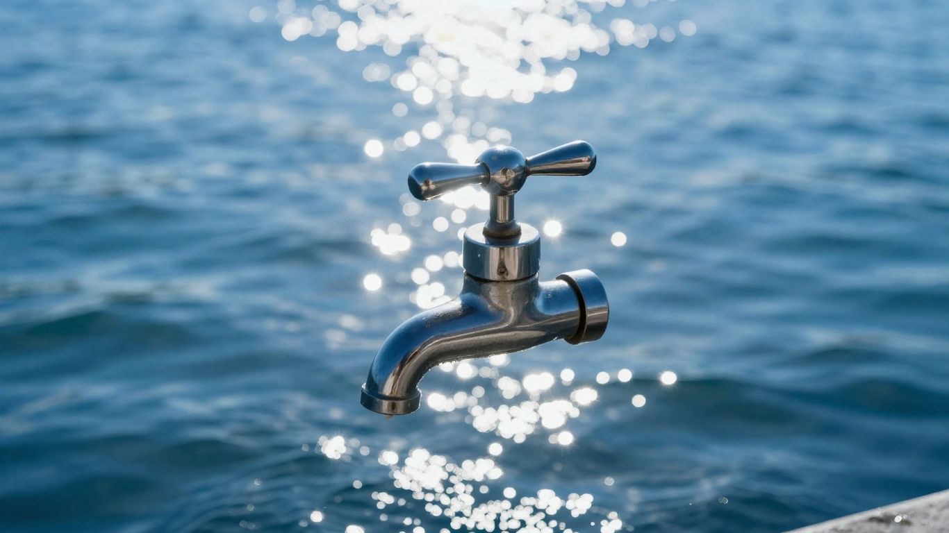Water faucet handle emerging from clear blue water.