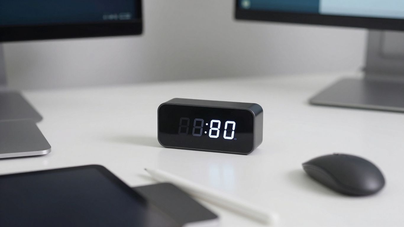 Desk setup with timer and design tools