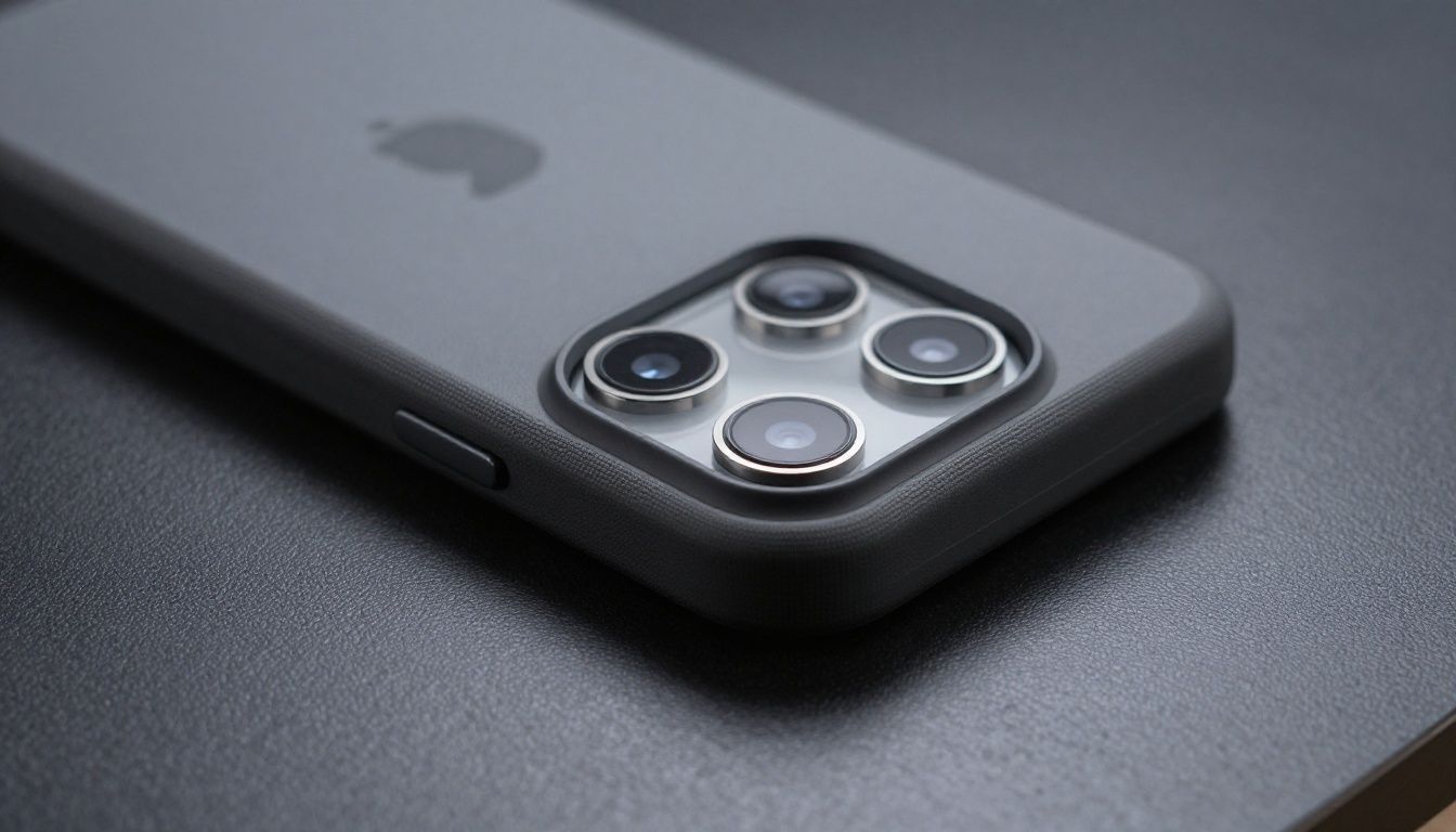 A close-up shot of an iPhone 15 case on a desk, showing the raised edges around the camera and the texture of the case material.