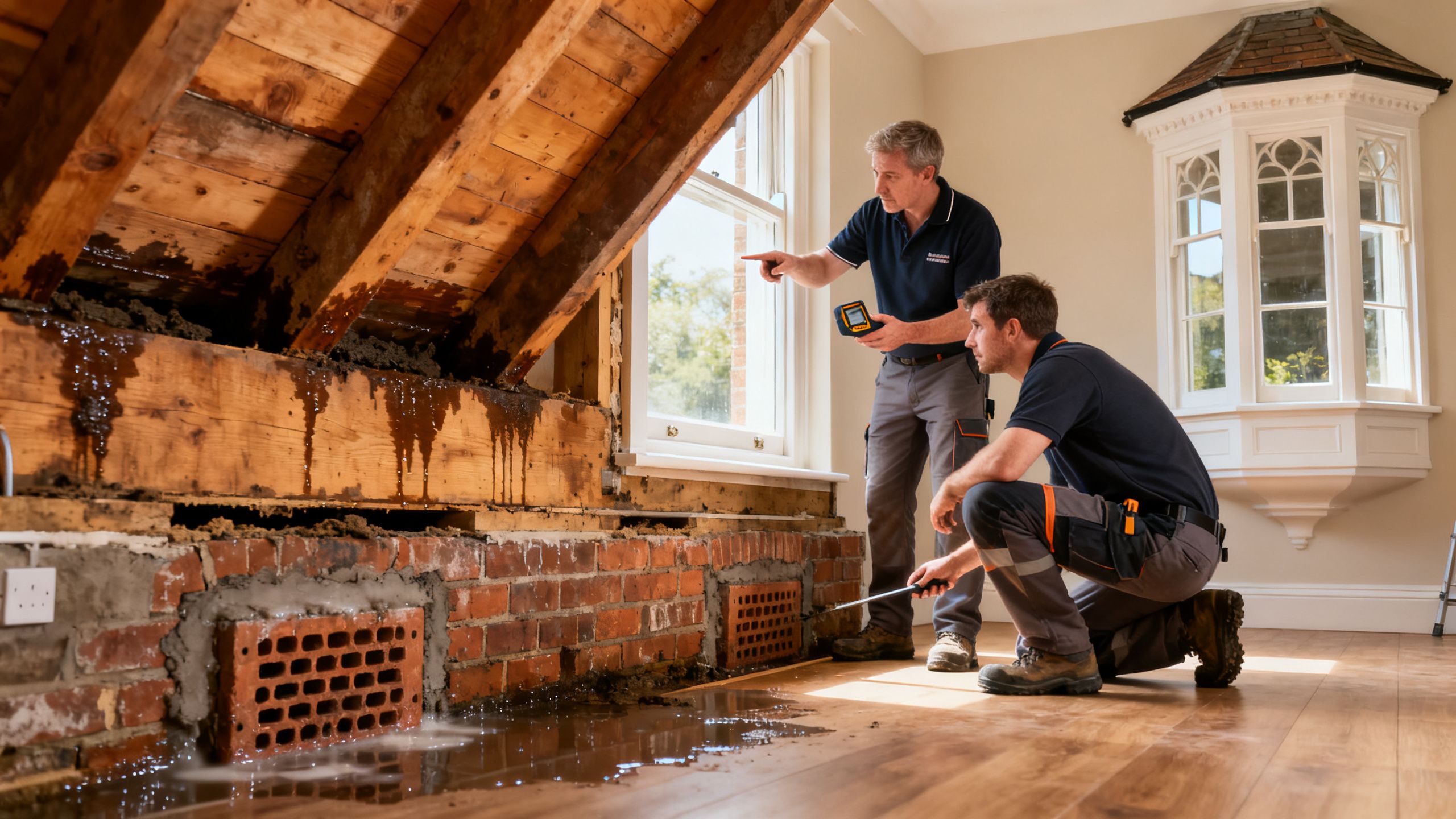 Building specialist and flooring fitter assessing damp joists, airbricks and moisture around a Bristol bay window