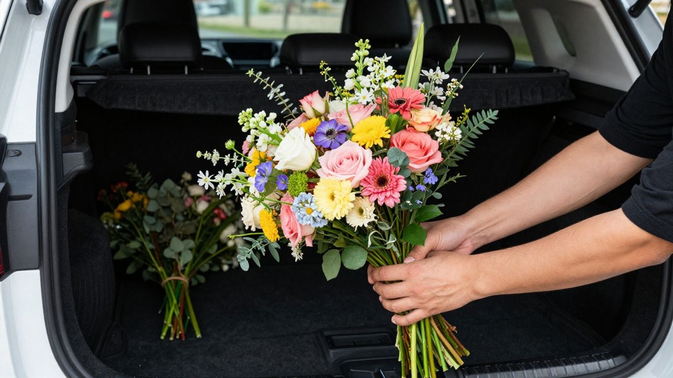 A vibrant bouquet waiting for customer pickup