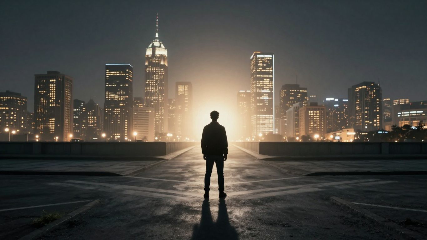 Person at a crossroads looking towards a city.