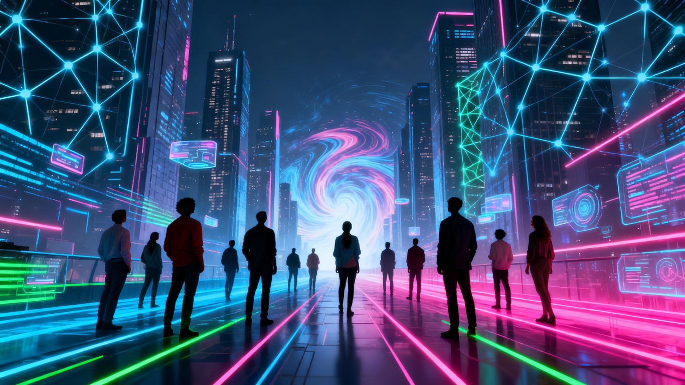 Futuristic cityscape with glowing neural networks and people looking ahead.