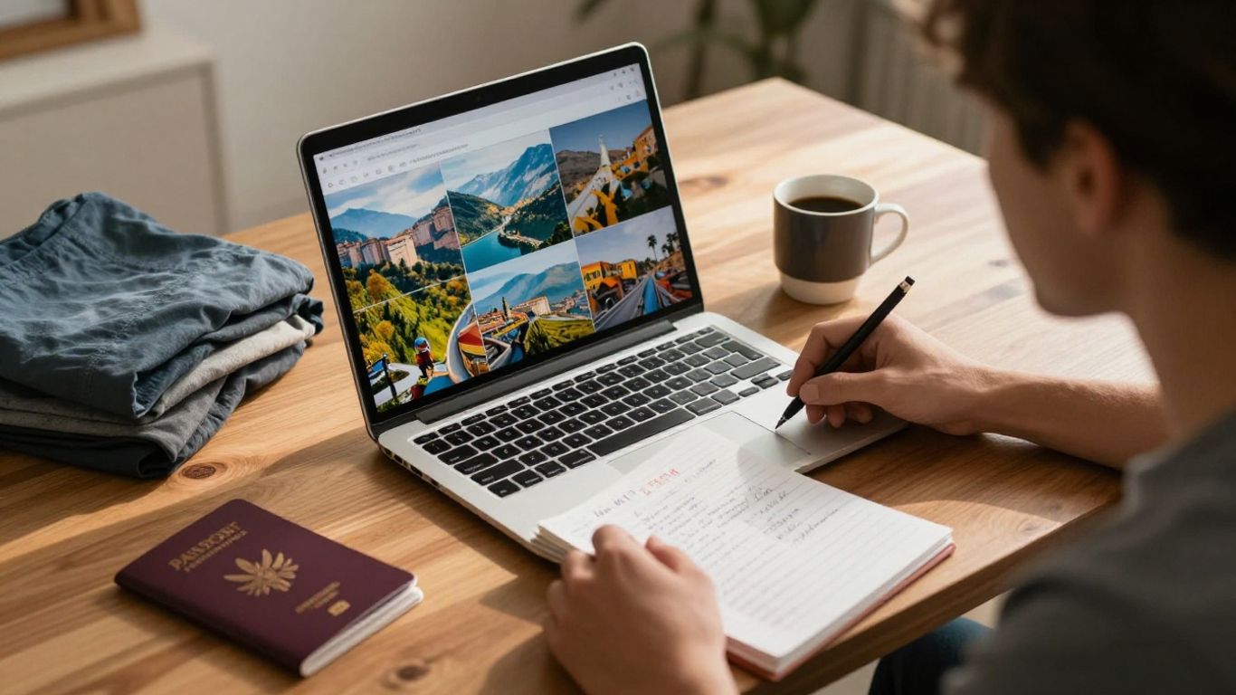 Traveler researching destinations beside an open suitcase