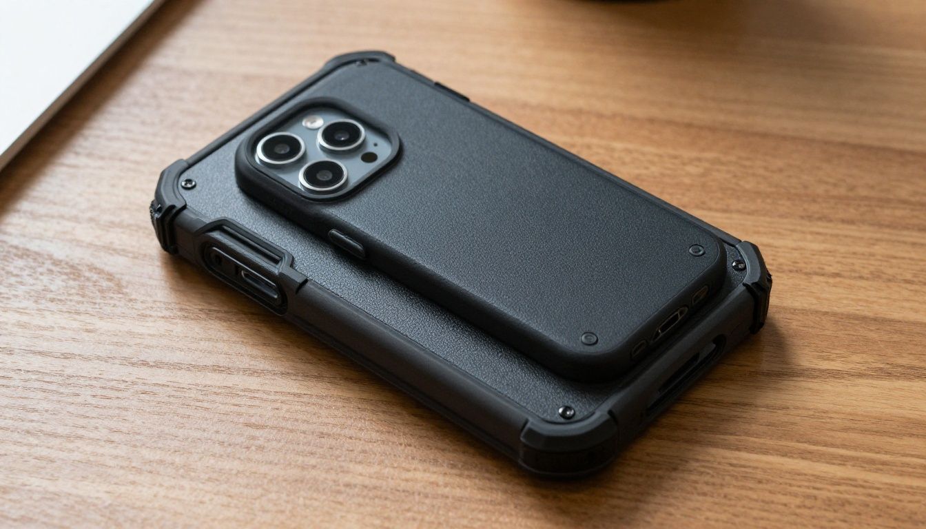 An overhead shot of a heavy duty, a wallet, and a waterproof iPhone 17 Air case laid out on a wooden desk.