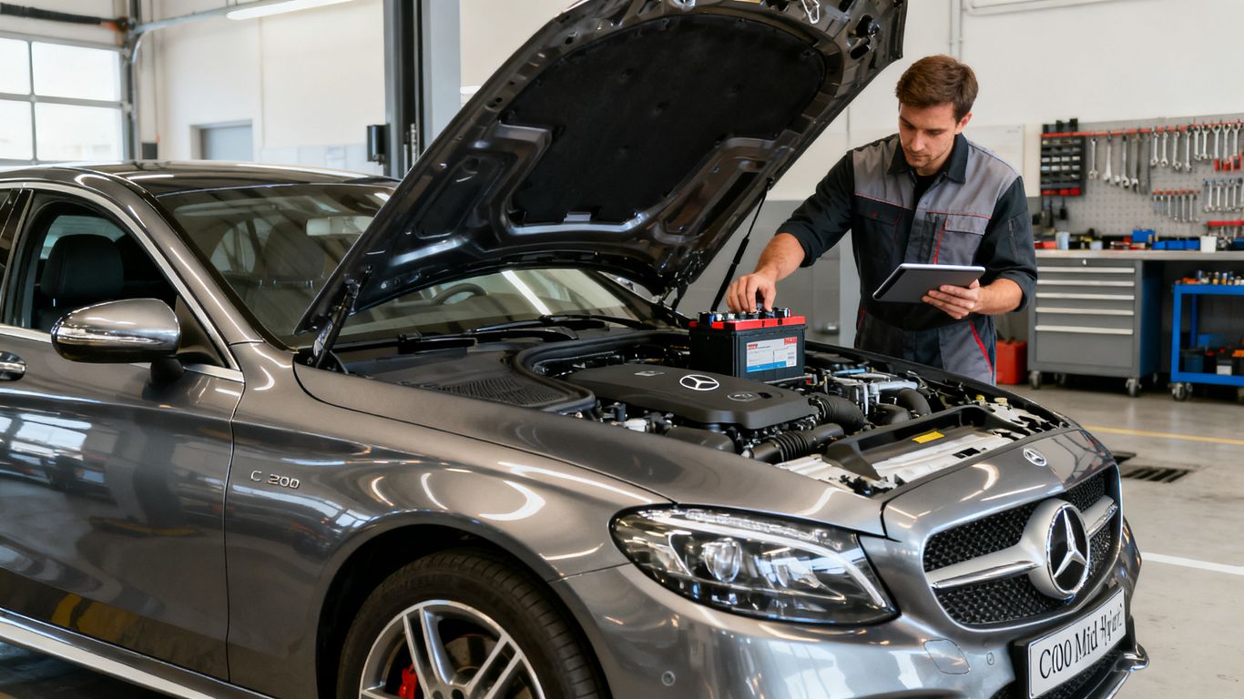 Mercedes C 200 Mild-Hybrid in Werkstattumgebung