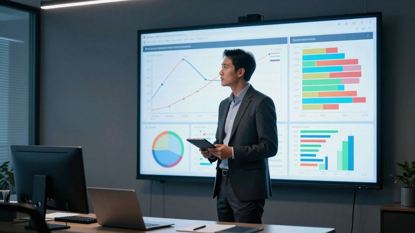 A focused professional reviewing sales performance data on a clean digital display to refine strategy