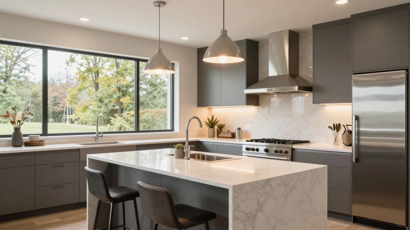 Modern kitchen with island and stylish lighting in Dacula