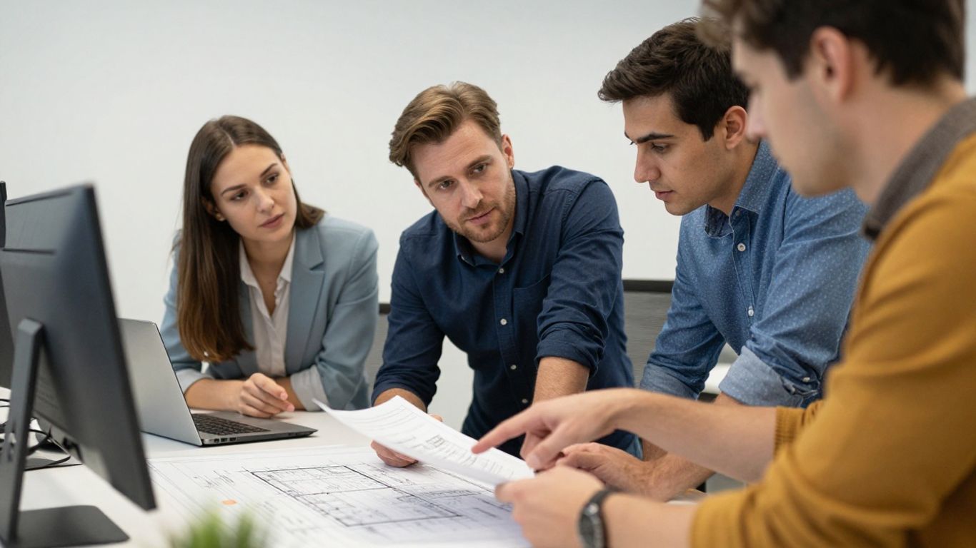 Bauarbeiter diskutieren Baupläne in einem modernen Büro.