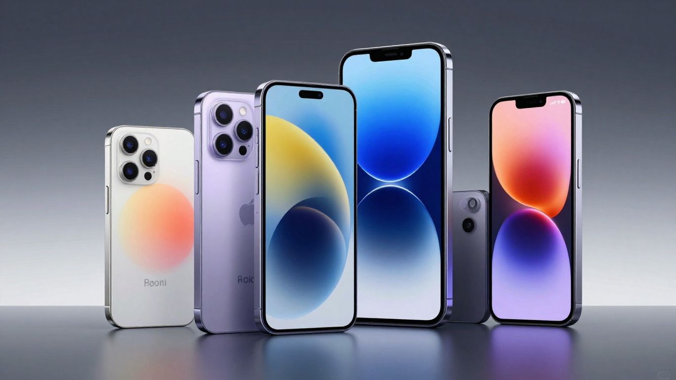 Celulares 5G da Samsung, Apple e Xiaomi em destaque.